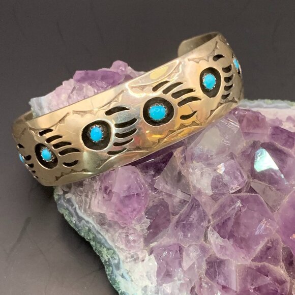 Navajo Bear Claw Paw Shadowbox Turquoise Sterling Cuff Bracelet P. Spencer - Picture 1 of 14